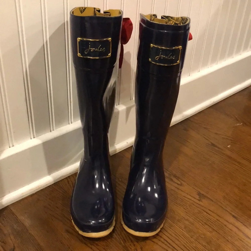 JOULES Navy Blue Tall Rain Boots with Red Bow and Toile Lining Size 9 - Picture 11 of 13